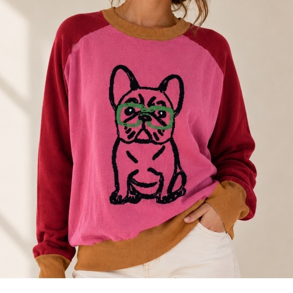 OXKNIT French Bulldog Graphic Cotton Sweater Pink Red Colorblock 3XL